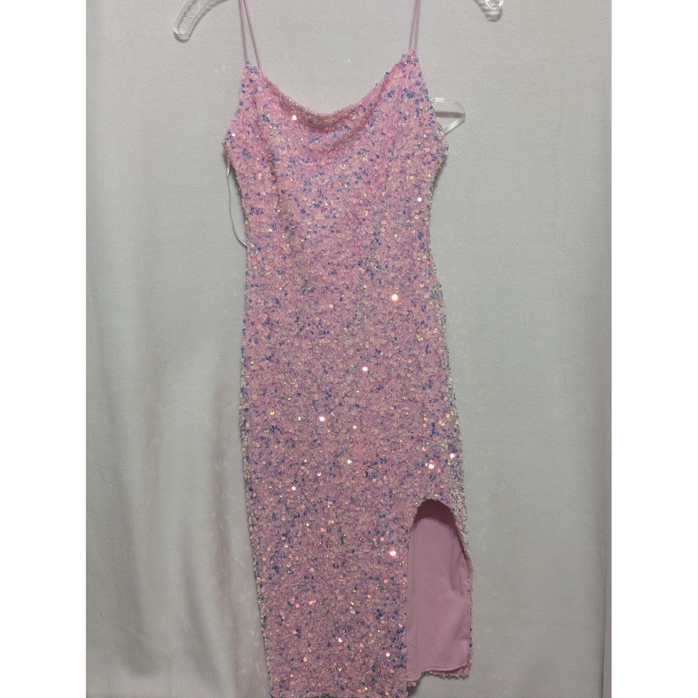Be Darlin Pink Iridescent Sequin Bodycon Midi Dress Cowl Neck Side Slit Size 3/4